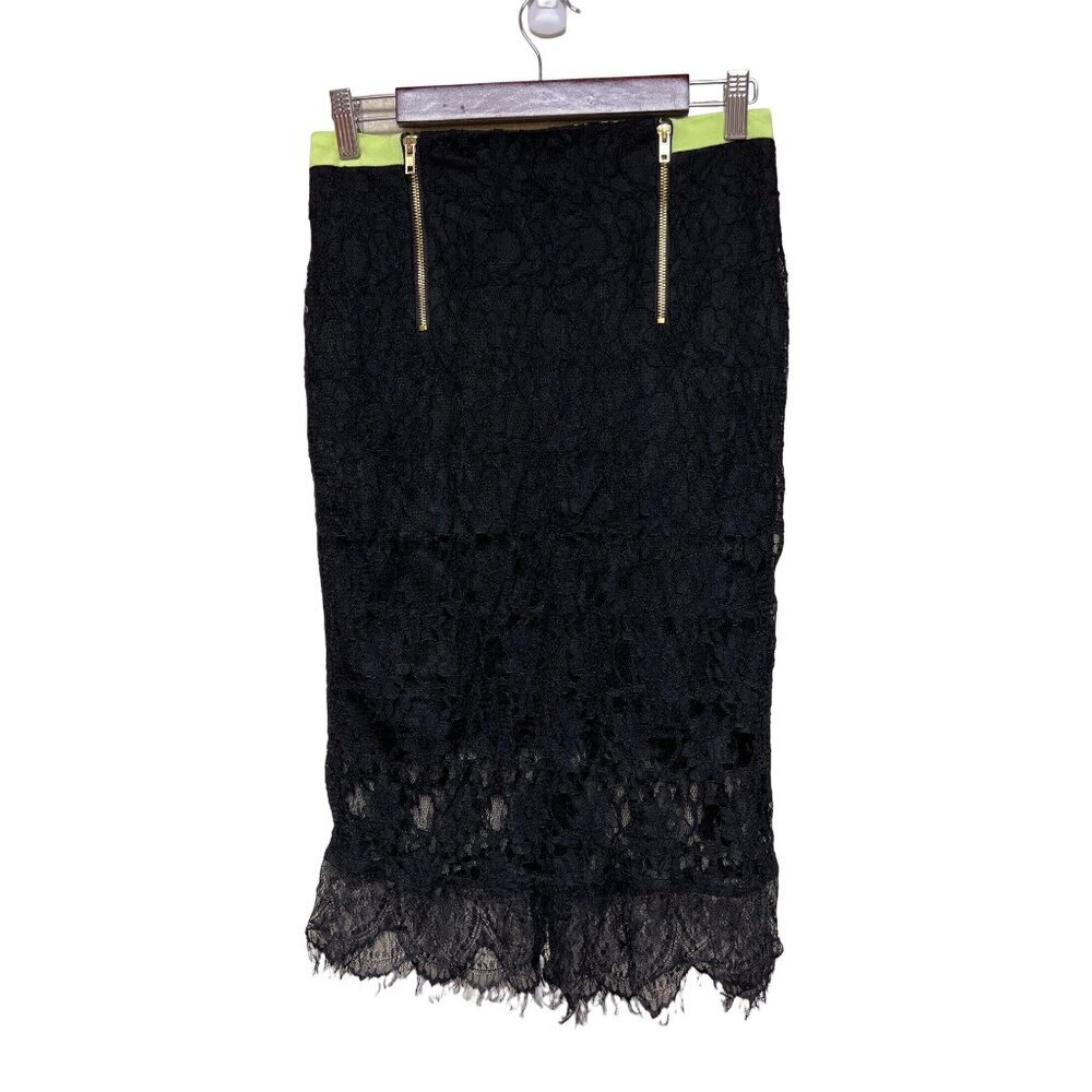 Gibson & Latimer Women's Skirt Black Lace Yellow Neon Zipper Trim Layer Size 8